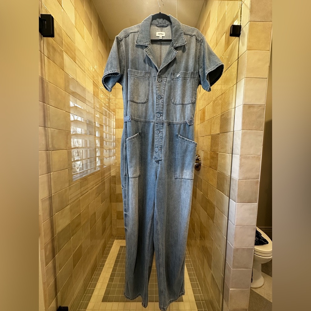 pistola Light Blue Denim Short-Sleeve Jumpsuit Anthropologie large